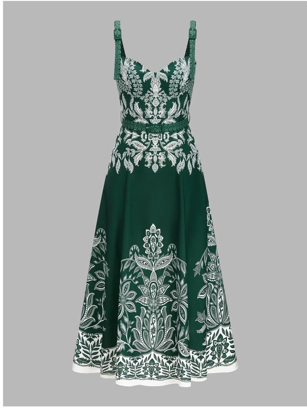 Commense Green Baroque Floral Belted Cami Maxi Dress XS | Resort Occasion Dress - Picture 5 of 6
